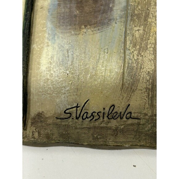 Vintage Set Of 3 Signed by S. Vassileva Relief Ceramic Flower Wall Art - 9" x 4” - Picture 6 of 9